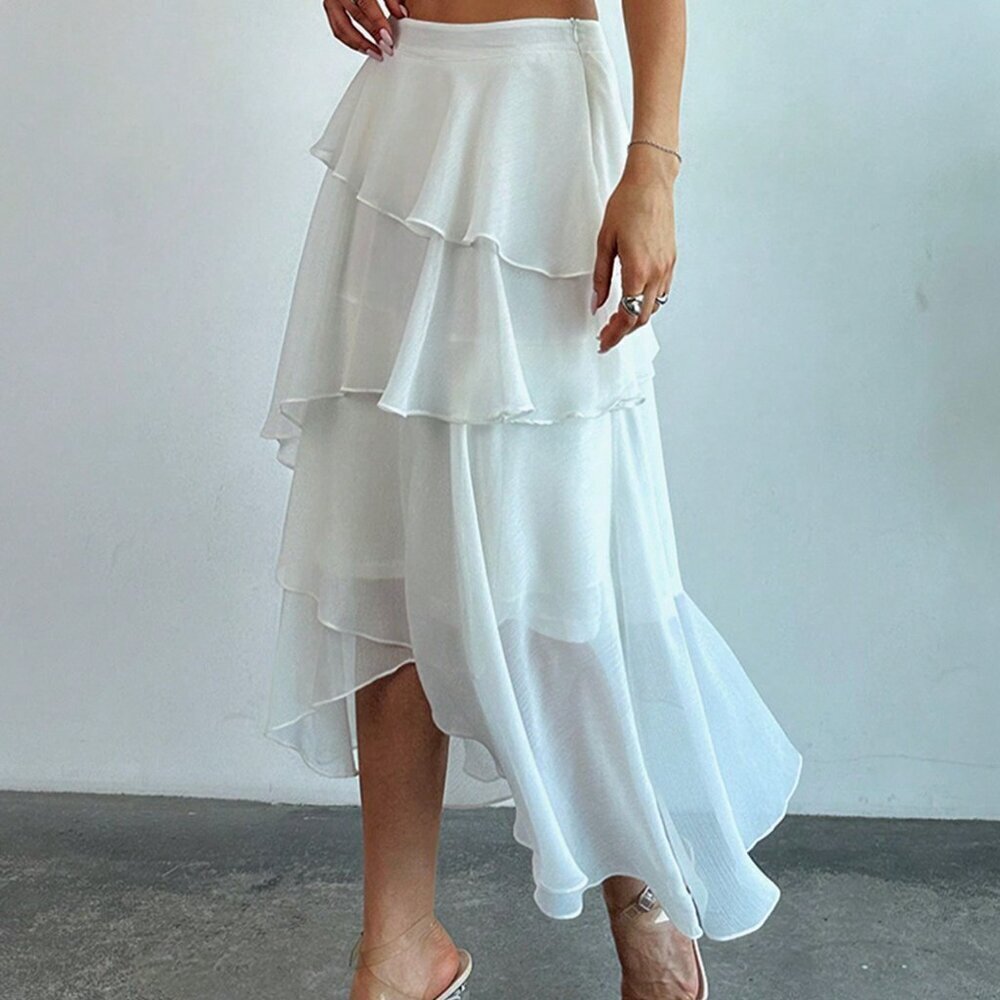 Beige Elegant Women's Multi-Layered Ruffle Trim Cake Skirt For
